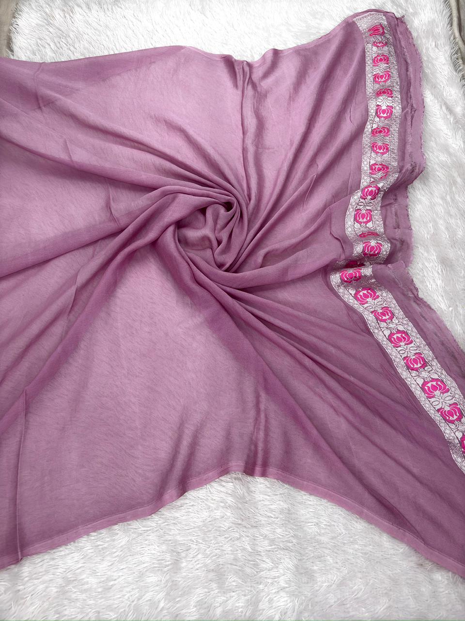 Dusty Mauve Khaddi Georgette Silver Zari Meenakari Handloom Saree