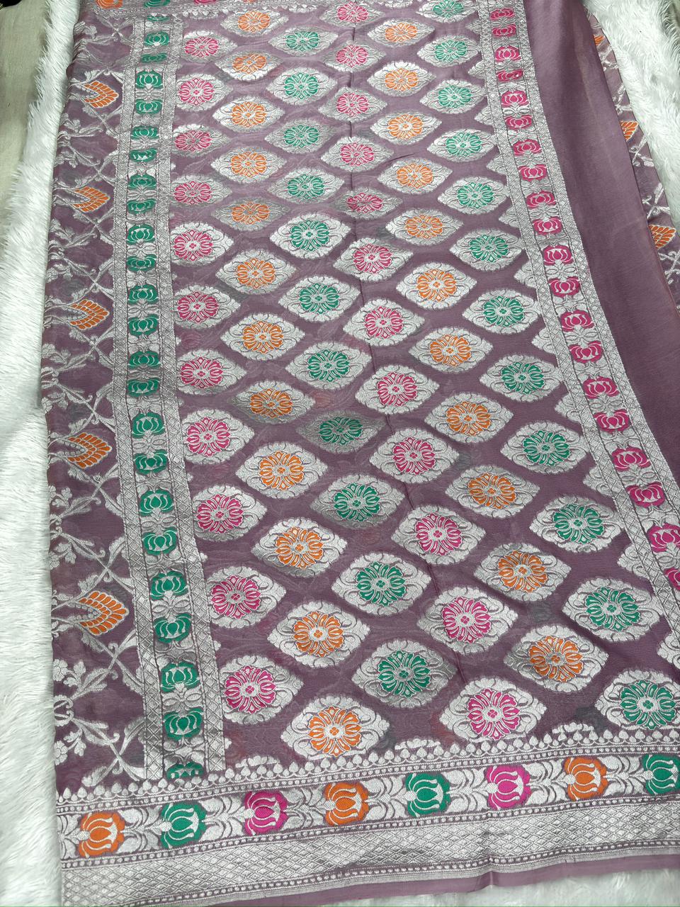 Dusty Mauve Khaddi Georgette Silver Zari Meenakari Handloom Saree