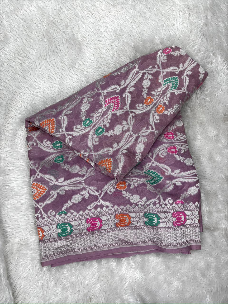 Dusty Mauve Khaddi Georgette Silver Zari Meenakari Handloom Saree