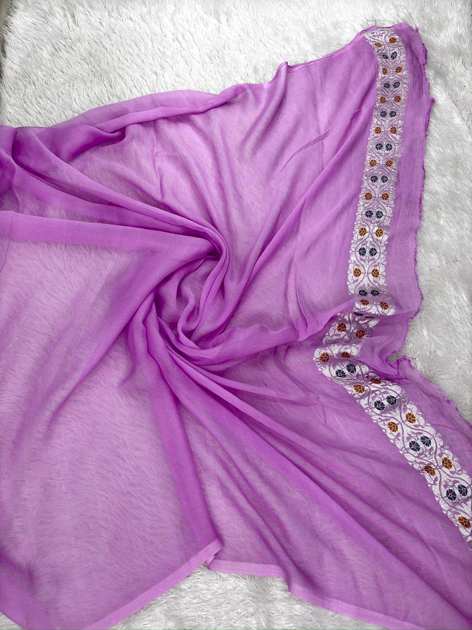 Lilac Khaddi Georgette Silver Zari Meenakari Floral Designer Saree
