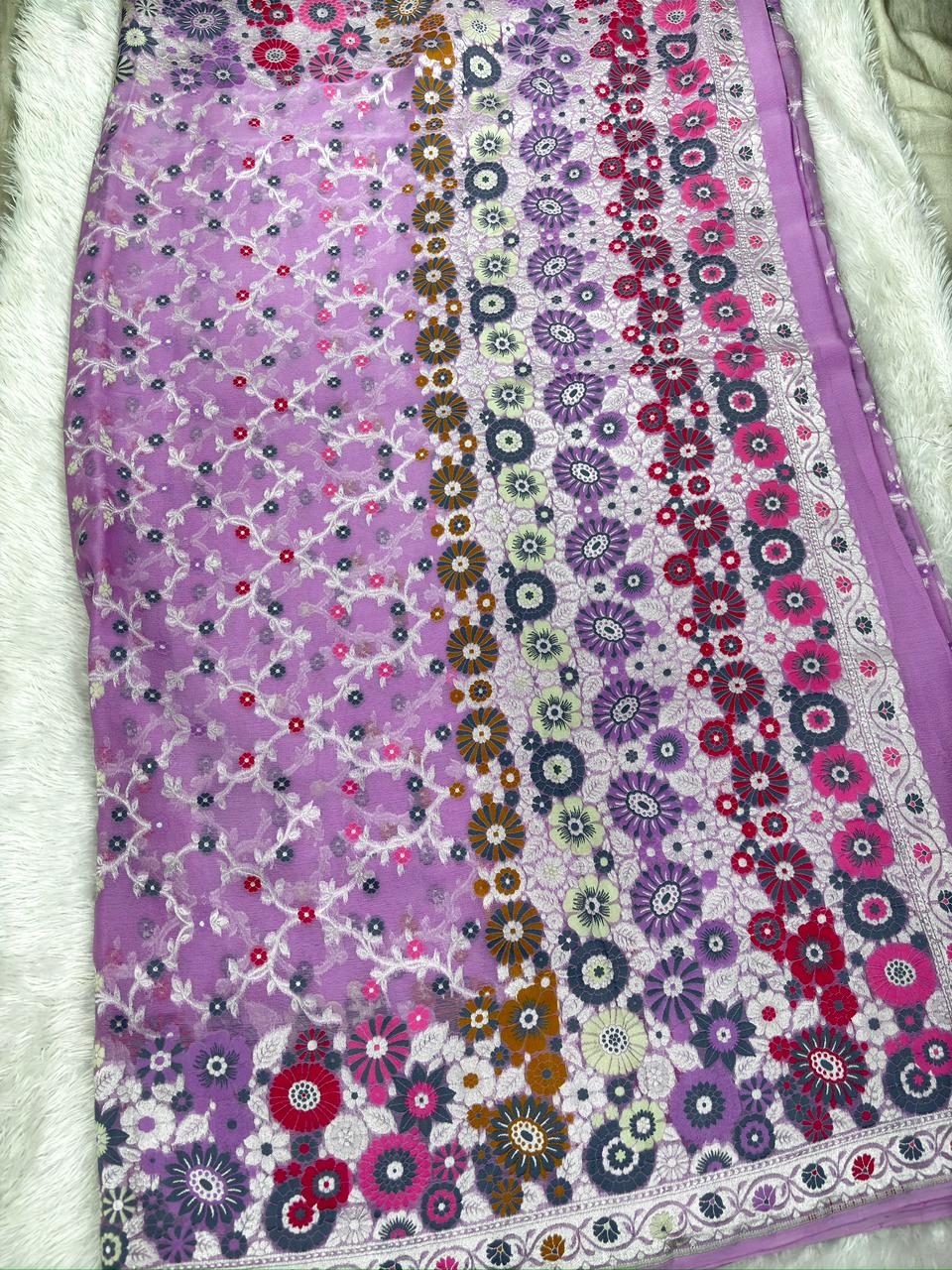 Lilac Khaddi Georgette Silver Zari Meenakari Floral Designer Saree