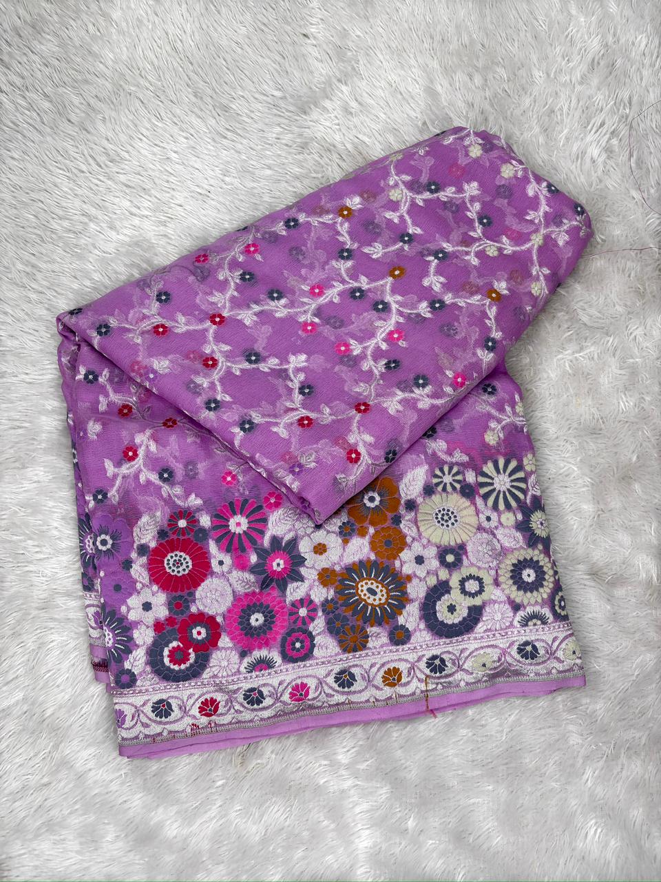 Lilac Khaddi Georgette Silver Zari Meenakari Floral Designer Saree