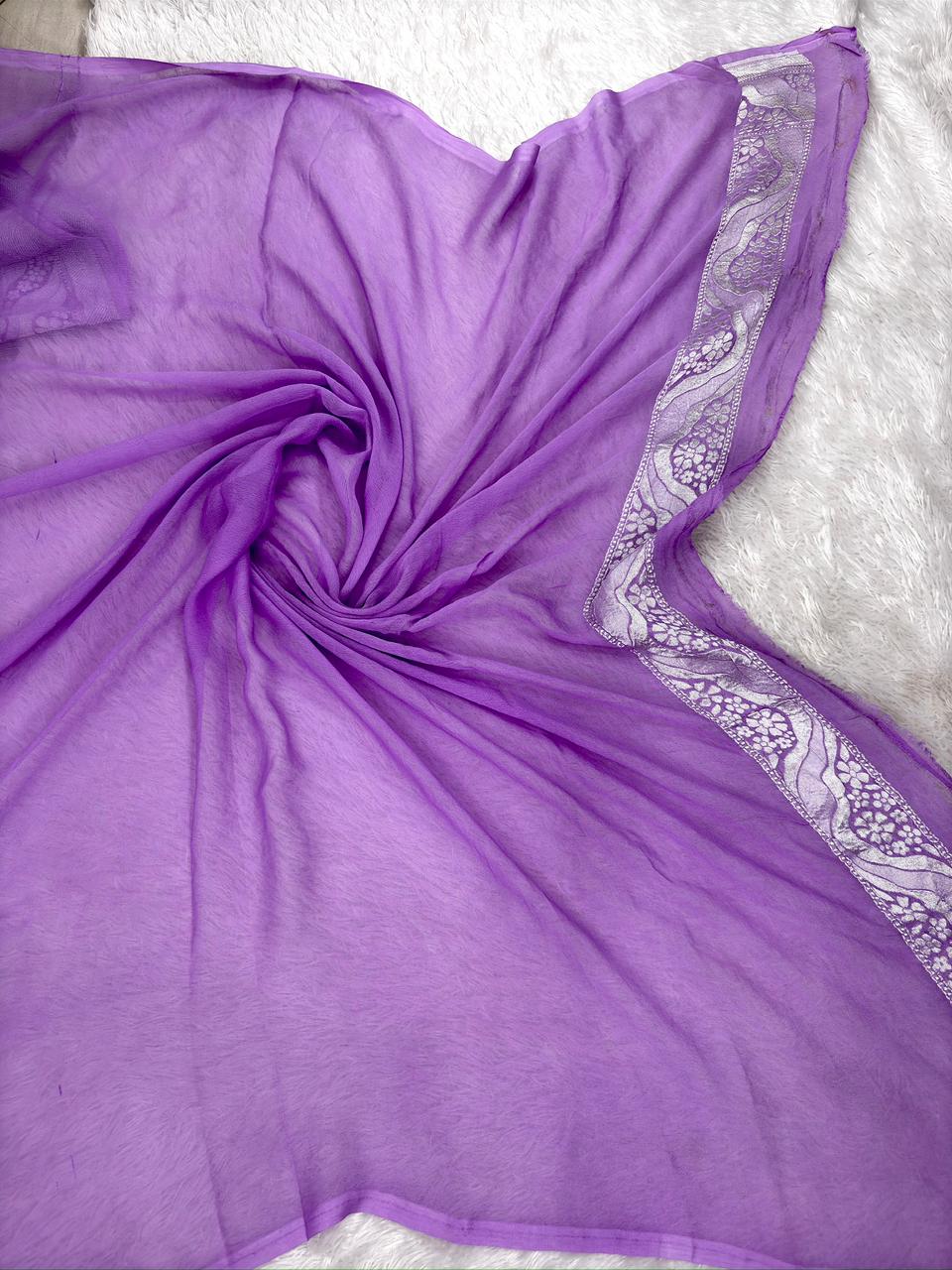 Lavender Purple Khaddi Georgette Silver Zari Meenakari Designer Saree