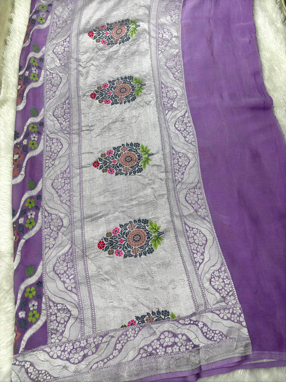 Lavender Purple Khaddi Georgette Silver Zari Meenakari Designer Saree