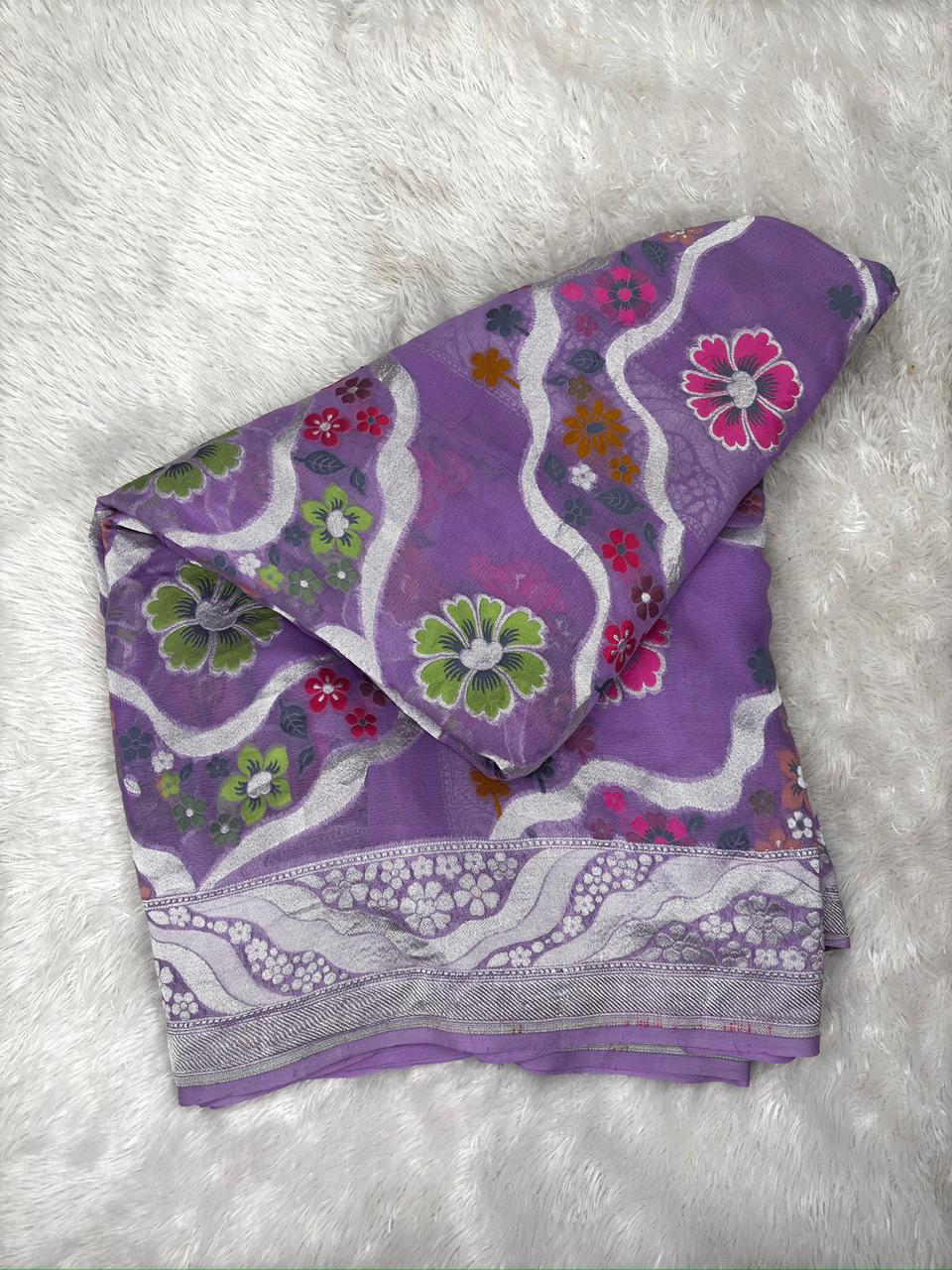 Lavender Purple Khaddi Georgette Silver Zari Meenakari Designer Saree