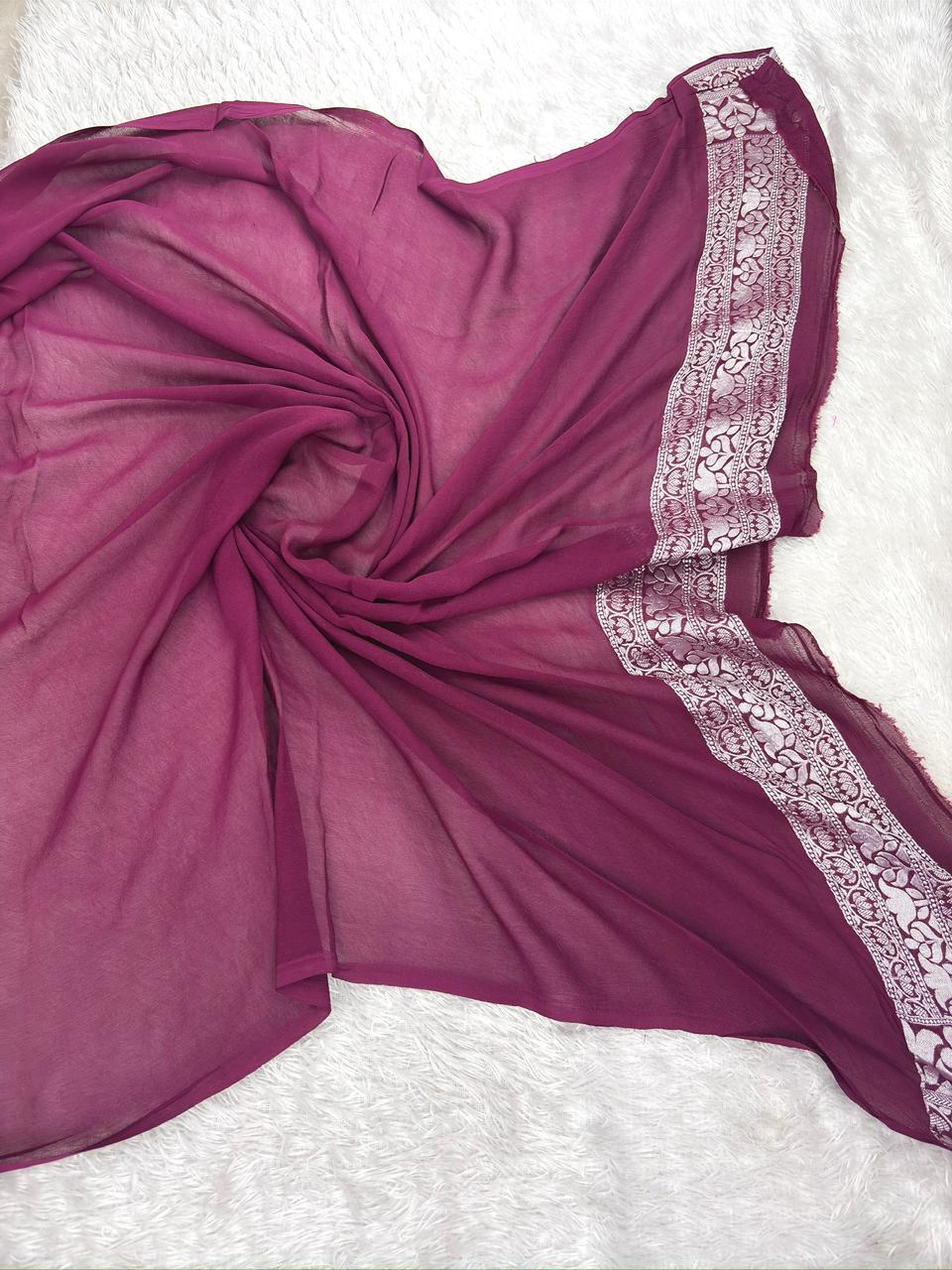 Wine Purple Khaddi Georgette Silver Zari Meenakari Handloom Saree