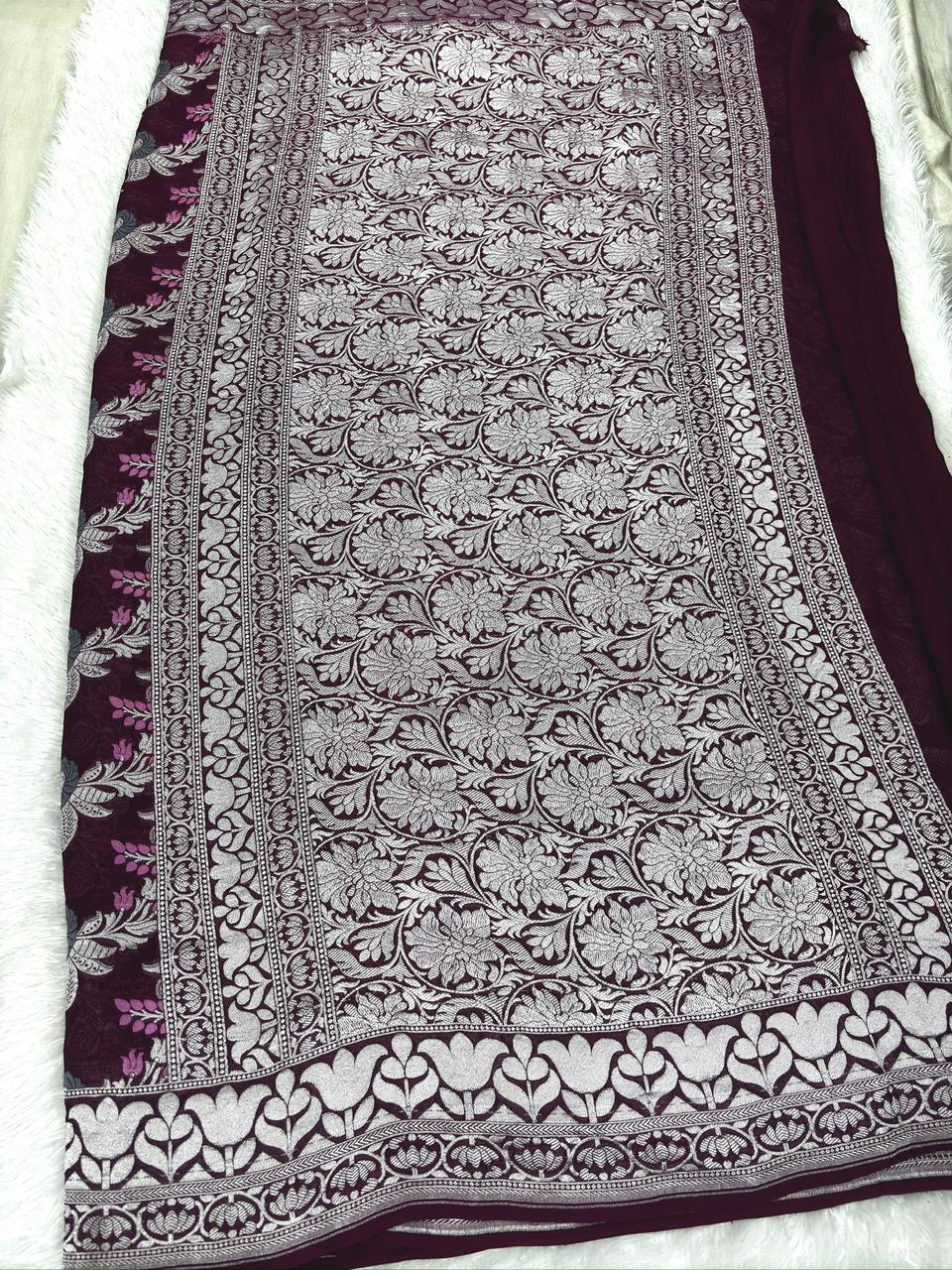 Wine Purple Khaddi Georgette Silver Zari Meenakari Handloom Saree