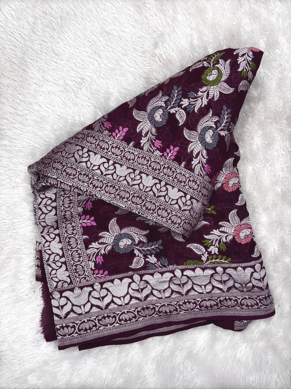 Wine Purple Khaddi Georgette Silver Zari Meenakari Handloom Saree