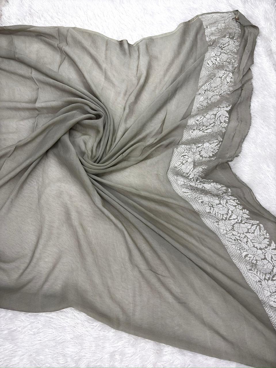 Smoky Grey Khaddi Georgette Silver Zari Meenakari Handloom Saree