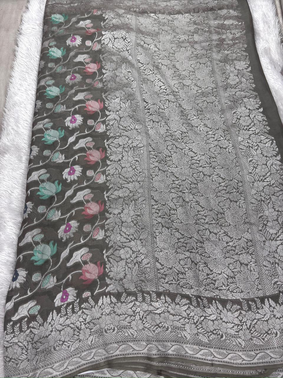 Smoky Grey Khaddi Georgette Silver Zari Meenakari Handloom Saree