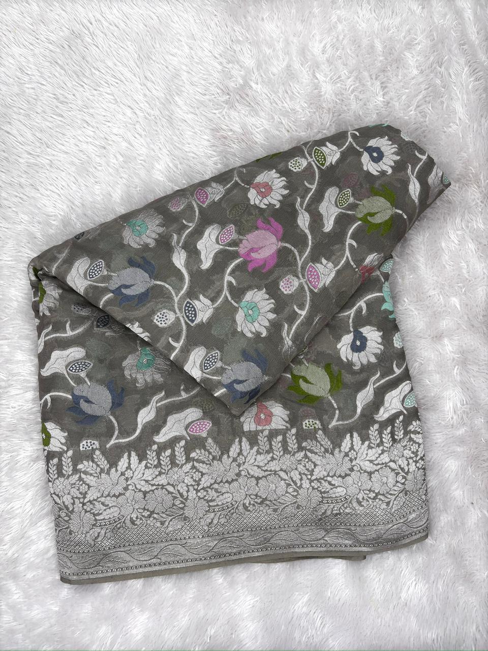 Smoky Grey Khaddi Georgette Silver Zari Meenakari Handloom Saree