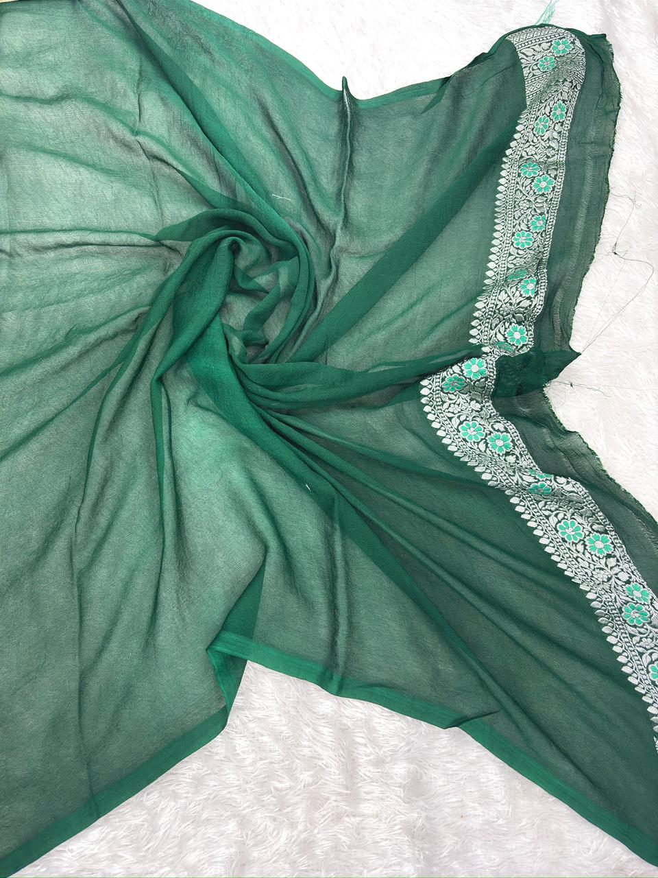 Ivory White Khaddi Georgette Silver Zari Meenakari Handloom Saree with Emerald Border