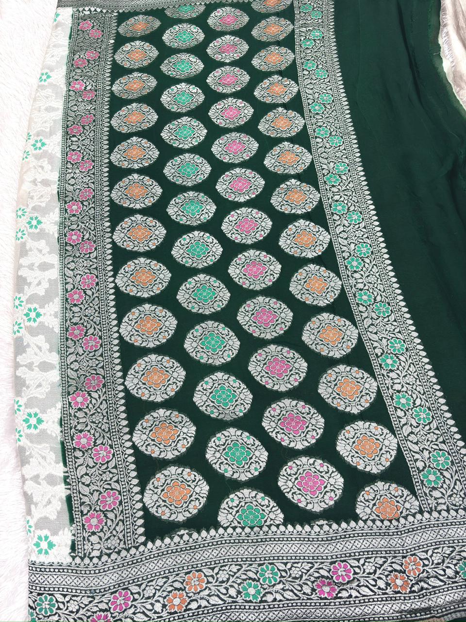 Ivory White Khaddi Georgette Silver Zari Meenakari Handloom Saree with Emerald Border