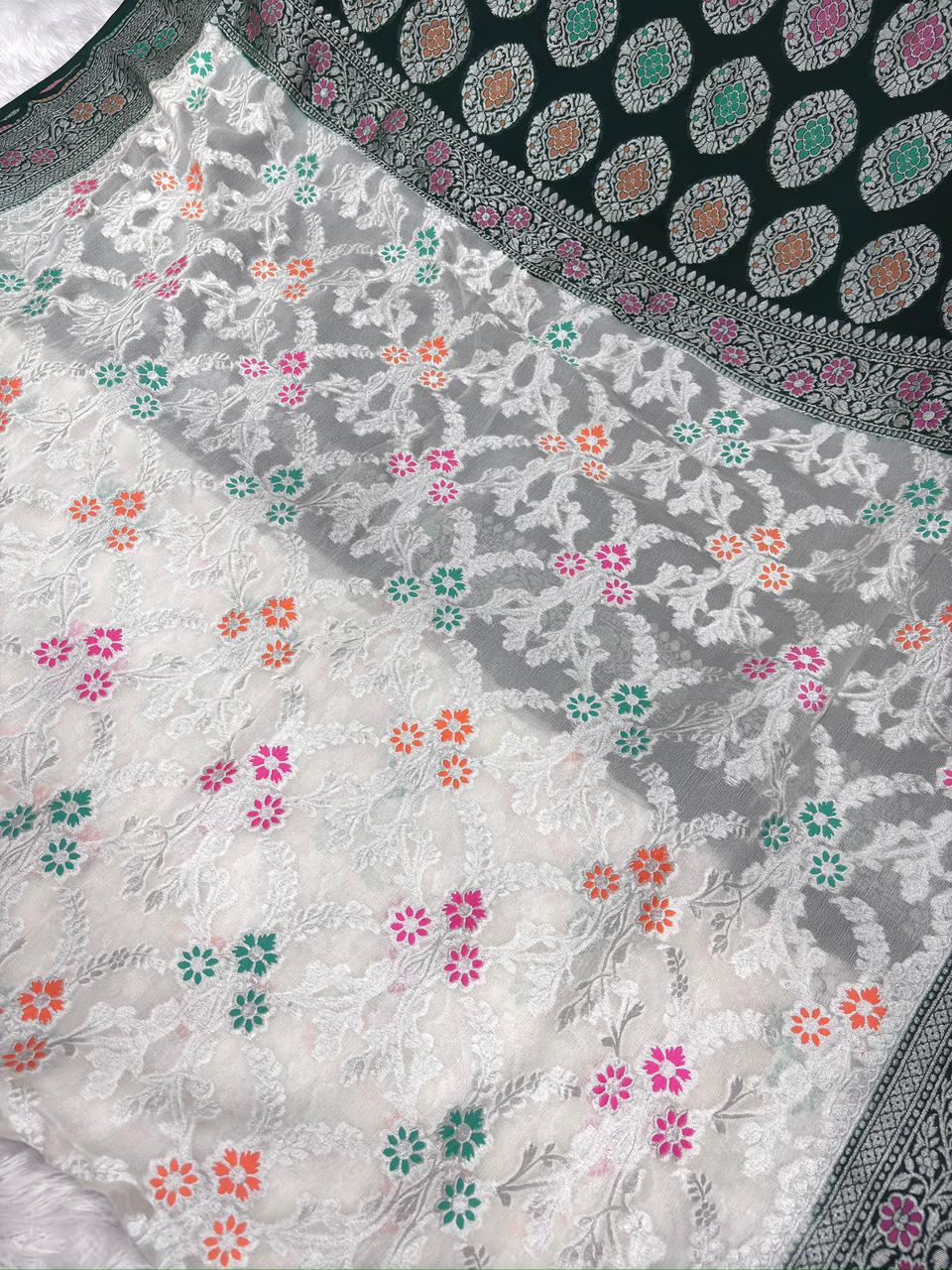 Ivory White Khaddi Georgette Silver Zari Meenakari Handloom Saree with Emerald Border