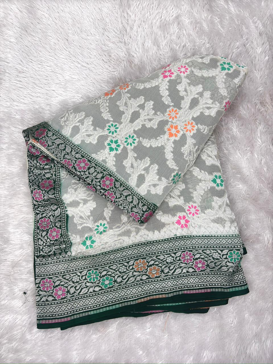 Ivory White Khaddi Georgette Silver Zari Meenakari Handloom Saree with Emerald Border