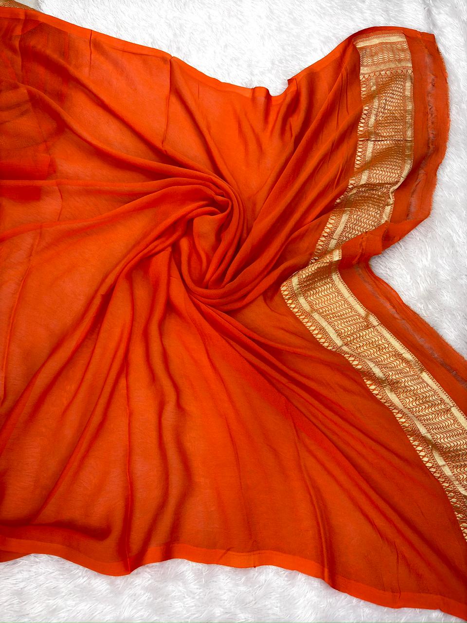 Burnt Orange Khaddi Georgette Gold Zari Meenakari Handloom Saree