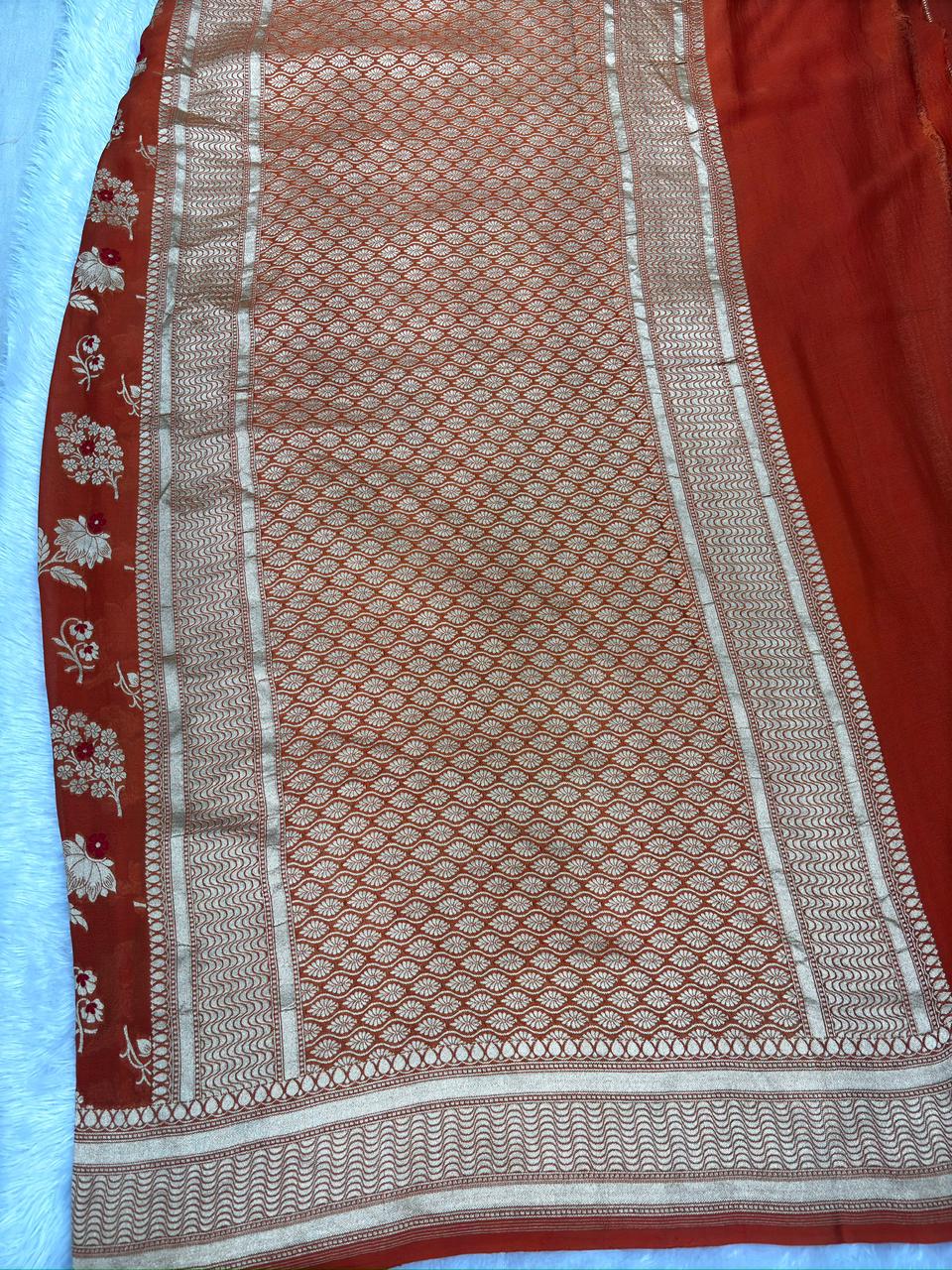 Burnt Orange Khaddi Georgette Gold Zari Meenakari Handloom Saree