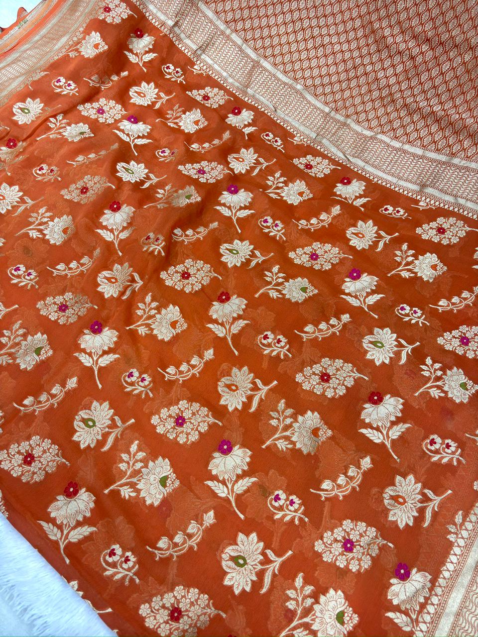 Burnt Orange Khaddi Georgette Gold Zari Meenakari Handloom Saree