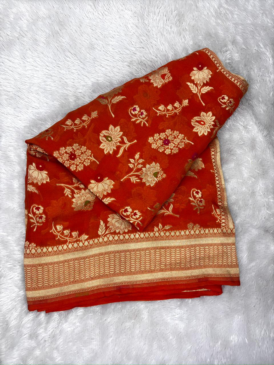 Burnt Orange Khaddi Georgette Gold Zari Meenakari Handloom Saree