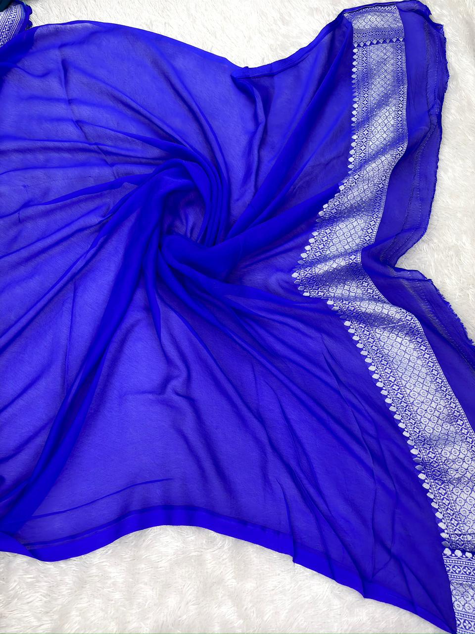 Royal Blue Khaddi Georgette Silver Zari Meenakari Handloom Saree
