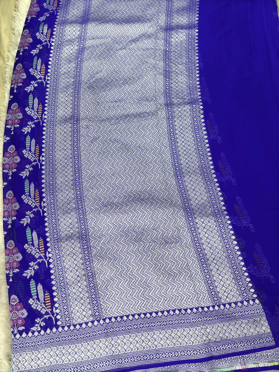 Royal Blue Khaddi Georgette Silver Zari Meenakari Handloom Saree