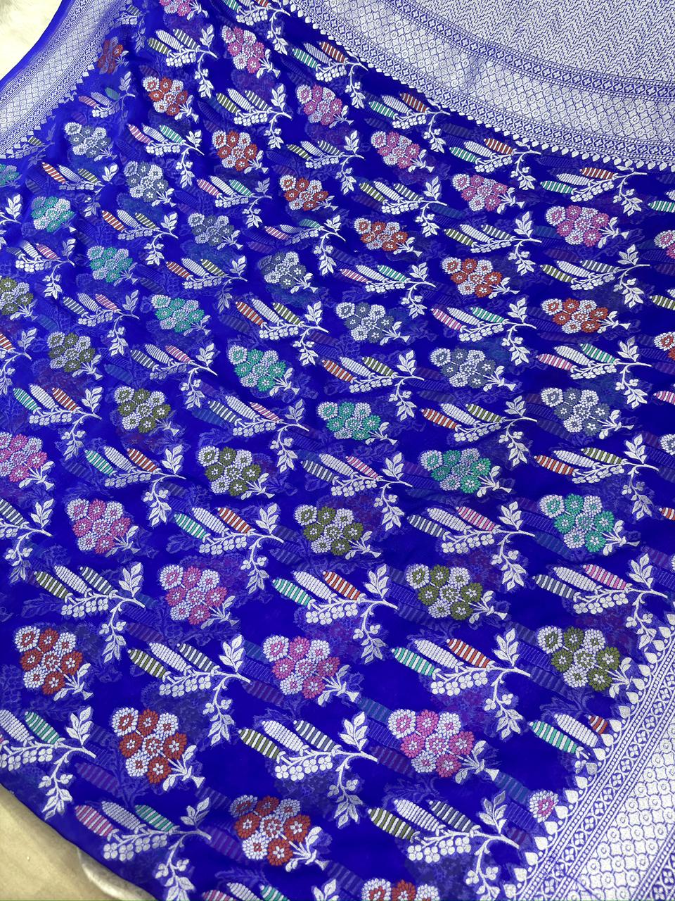 Royal Blue Khaddi Georgette Silver Zari Meenakari Handloom Saree
