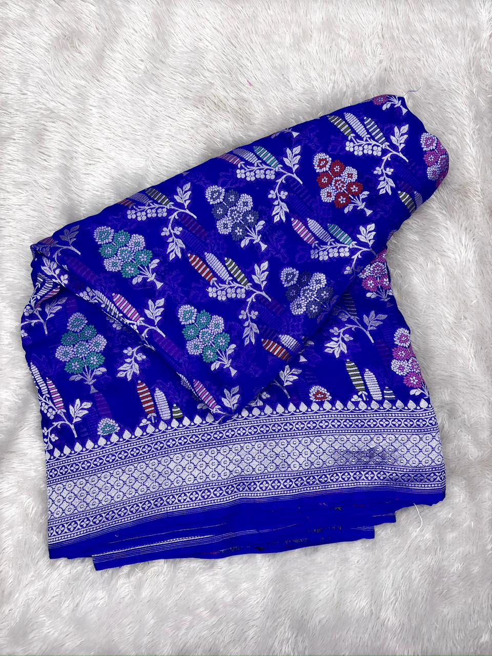 Royal Blue Khaddi Georgette Silver Zari Meenakari Handloom Saree