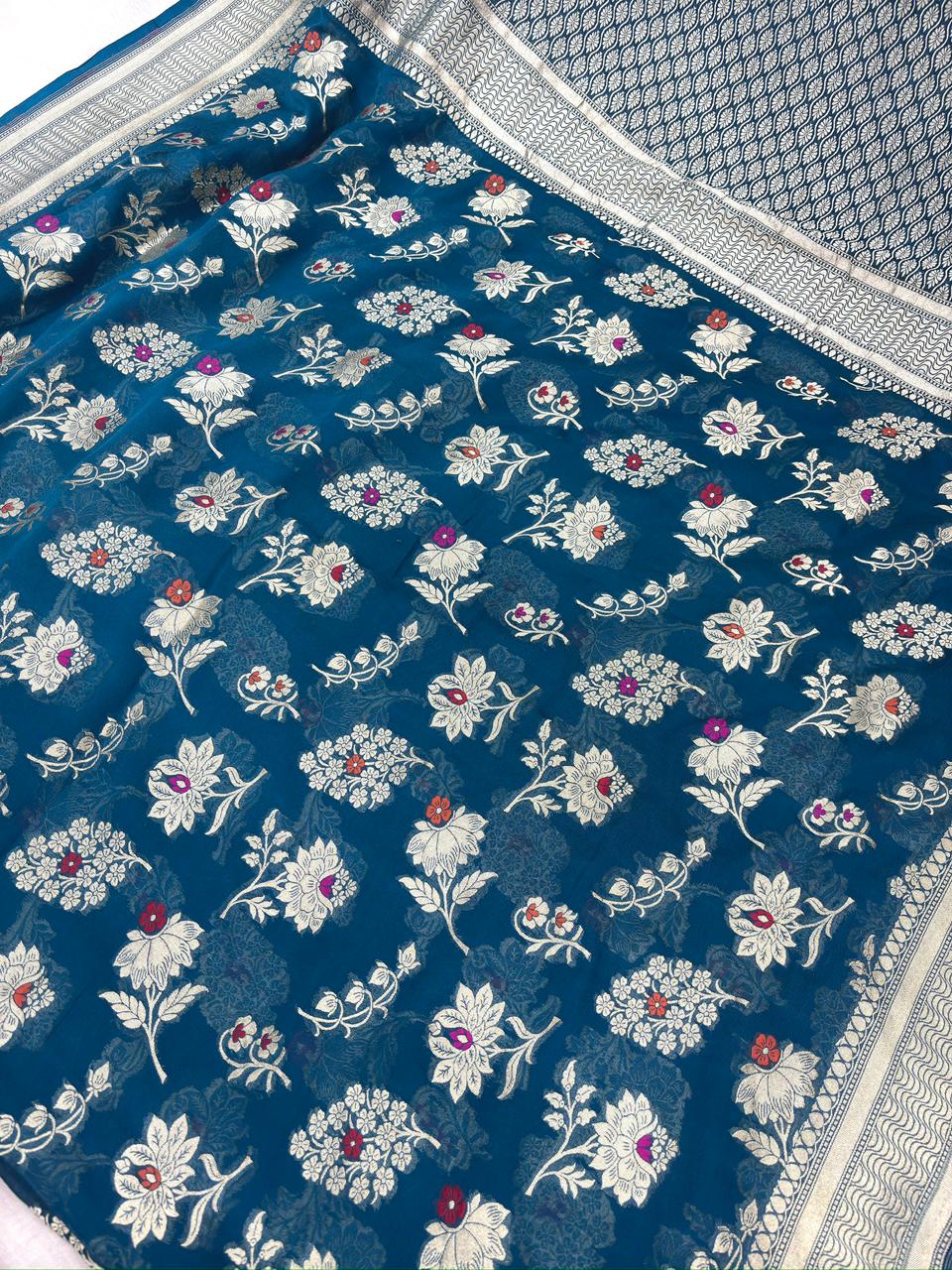 Teal Blue Khaddi Georgette Silver Zari Meenakari Handloom Saree