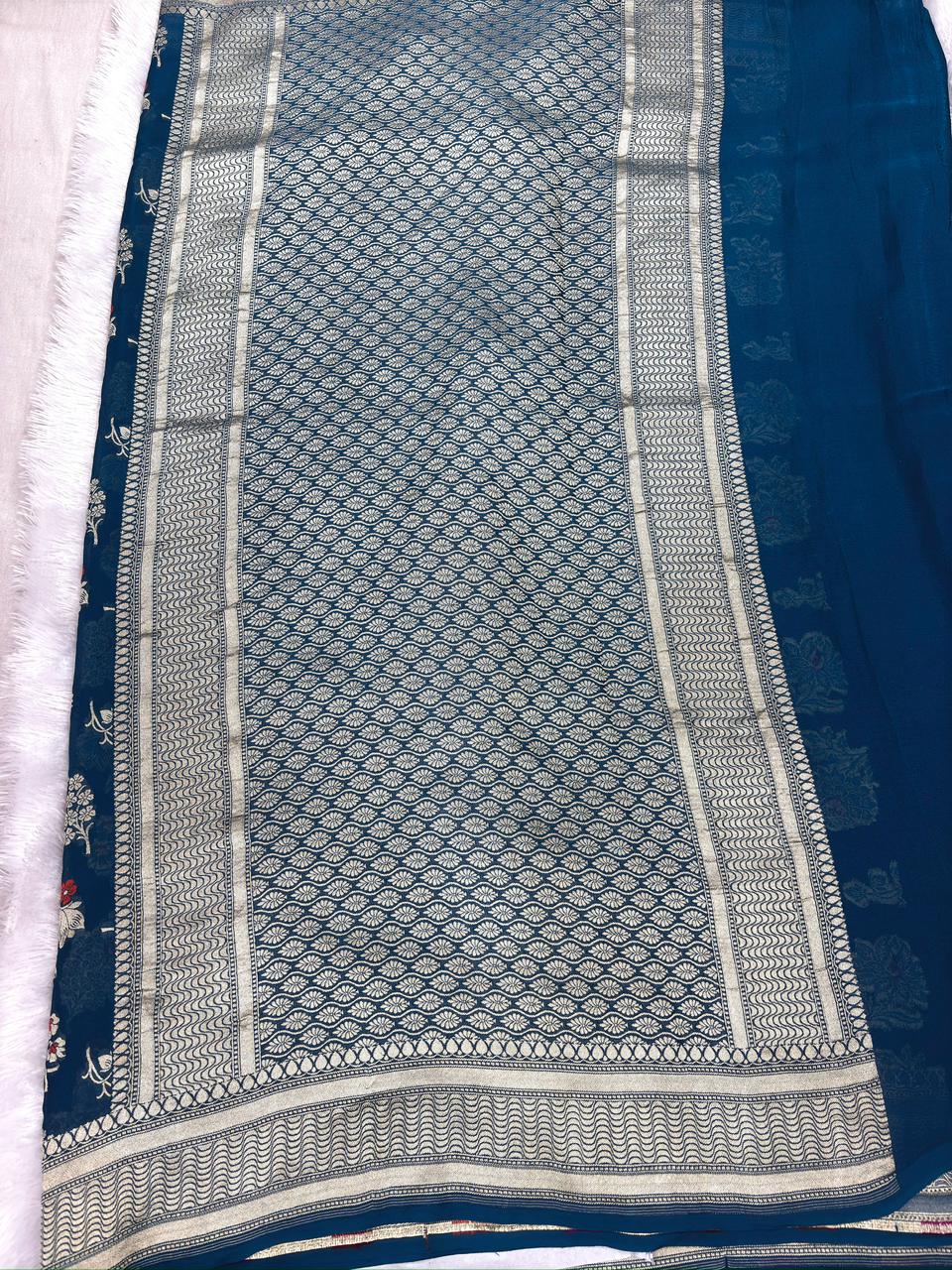 Teal Blue Khaddi Georgette Silver Zari Meenakari Handloom Saree