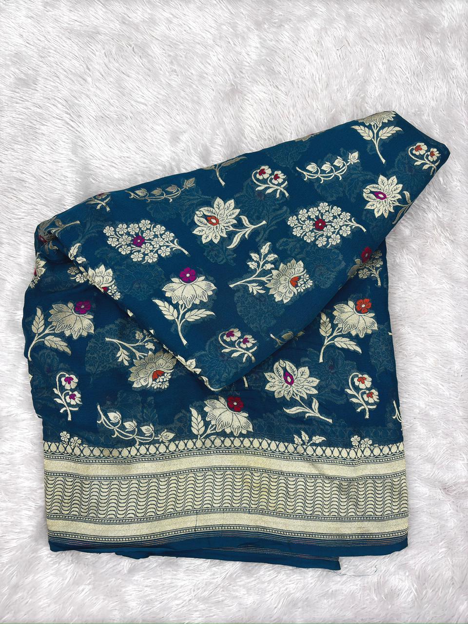 Teal Blue Khaddi Georgette Silver Zari Meenakari Handloom Saree