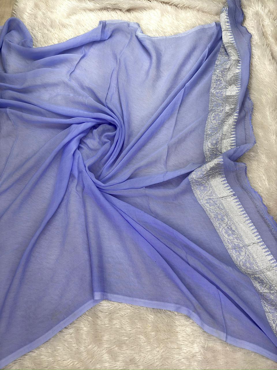 Lavender Khaddi Georgette Silver Zari Meenakari Handloom Saree