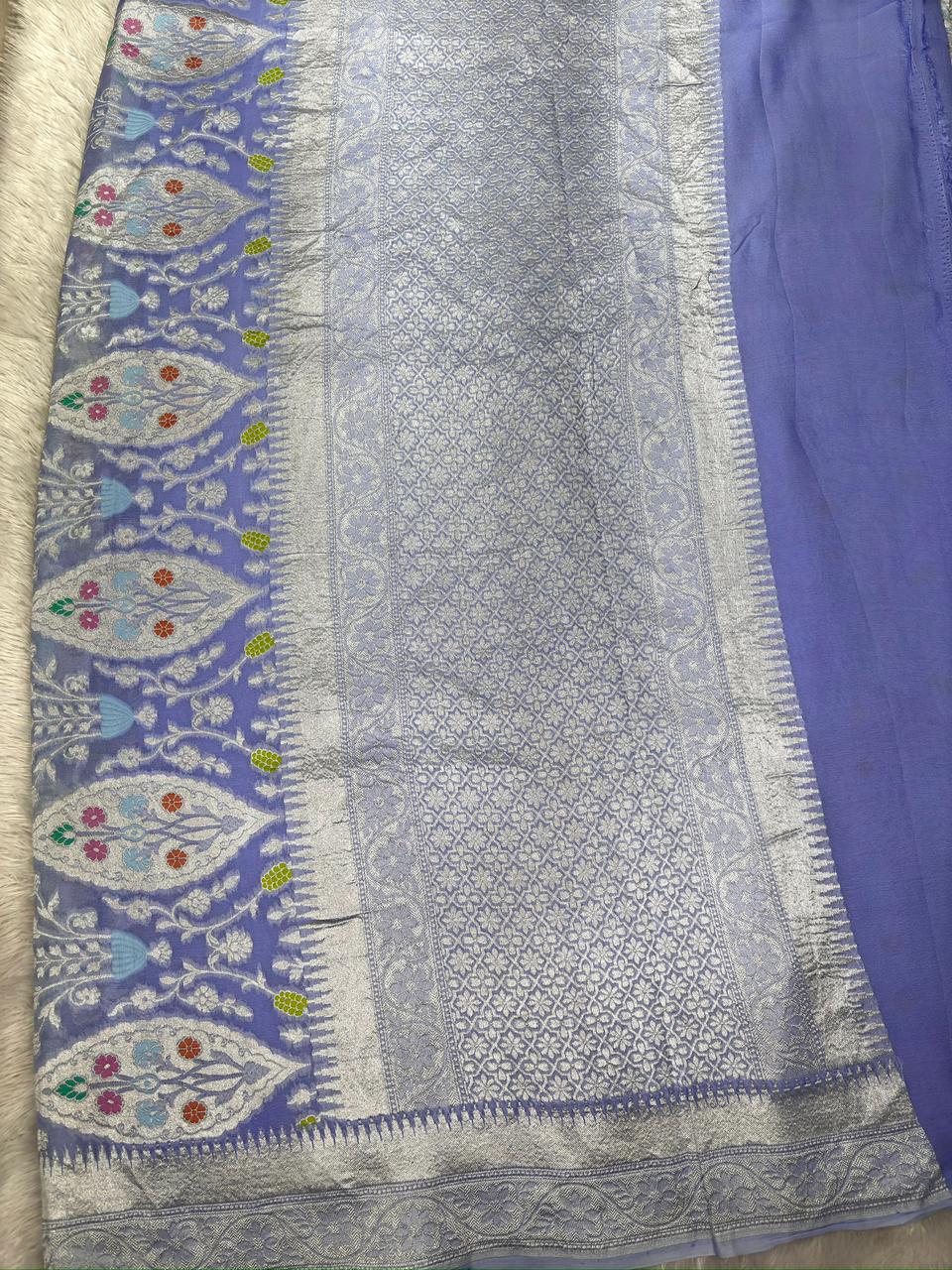 Lavender Khaddi Georgette Silver Zari Meenakari Handloom Saree