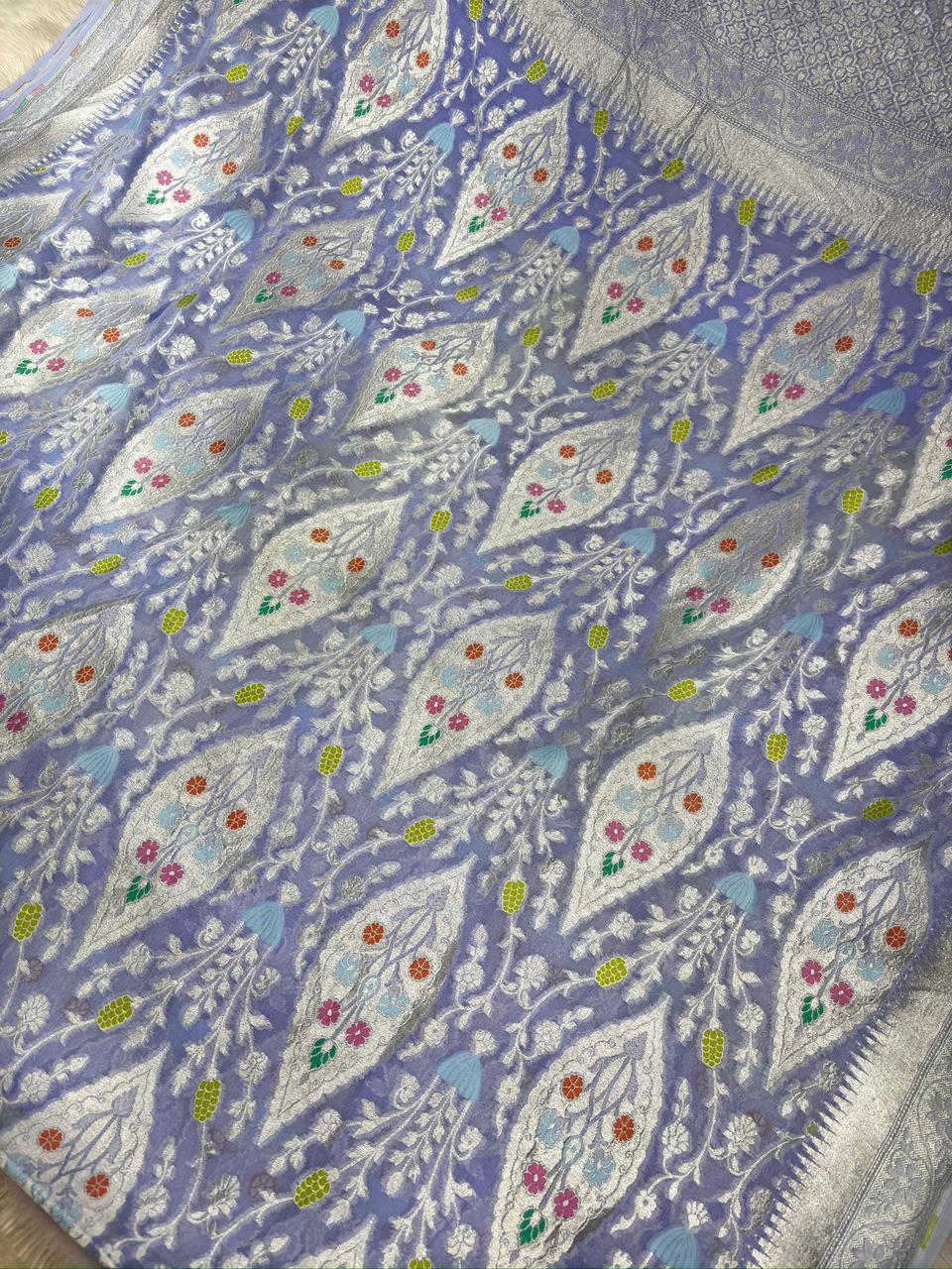 Lavender Khaddi Georgette Silver Zari Meenakari Handloom Saree