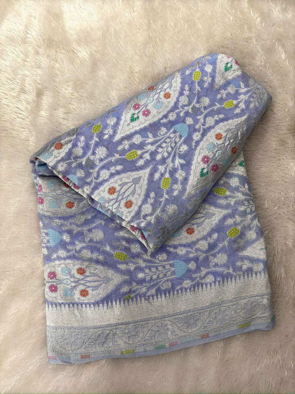Lavender Khaddi Georgette Silver Zari Meenakari Handloom Saree