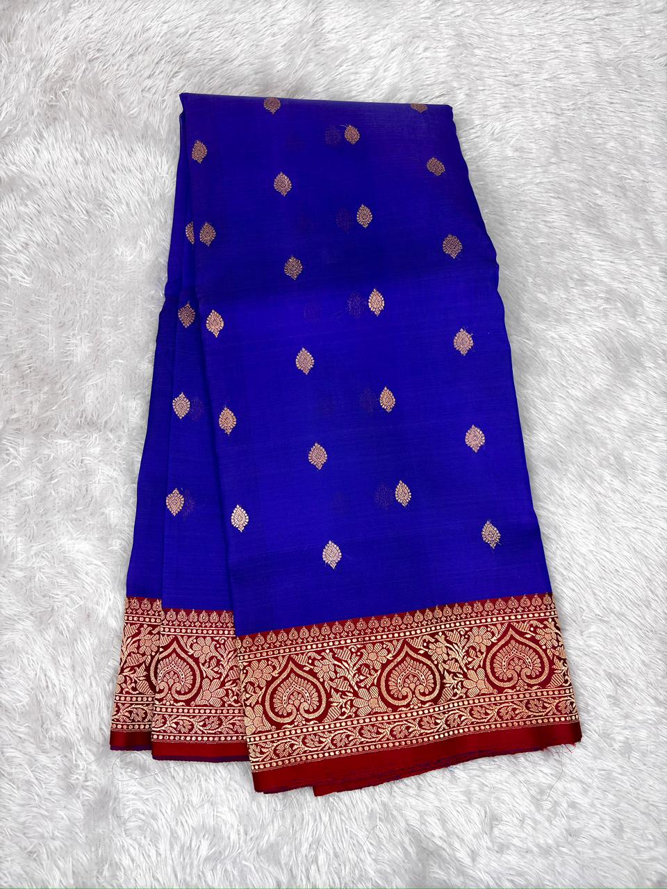 Royal Blue Kora Silk Saree with Rich Red Zari Woven Pallu