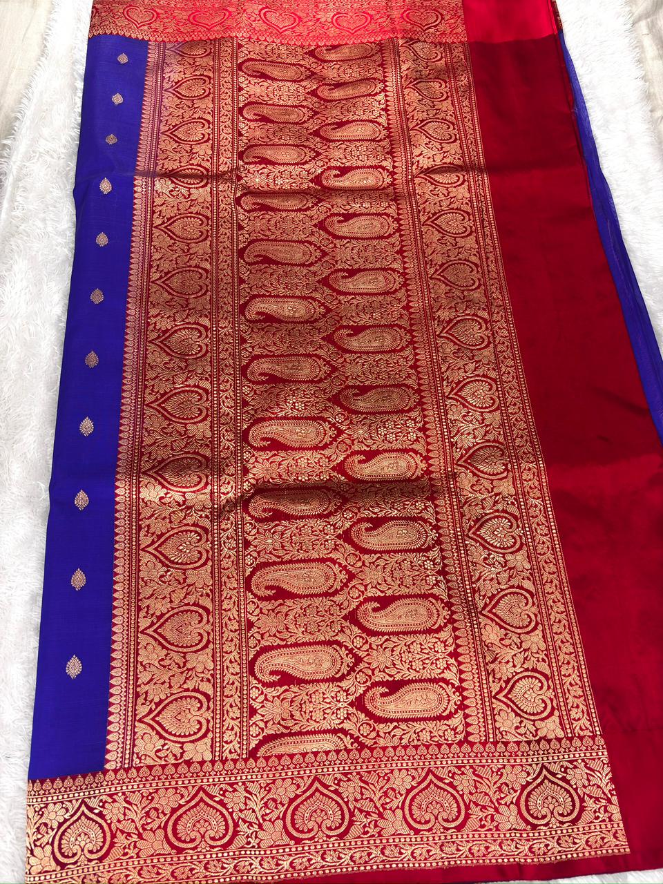 Royal Blue Kora Silk Saree with Rich Red Zari Woven Pallu
