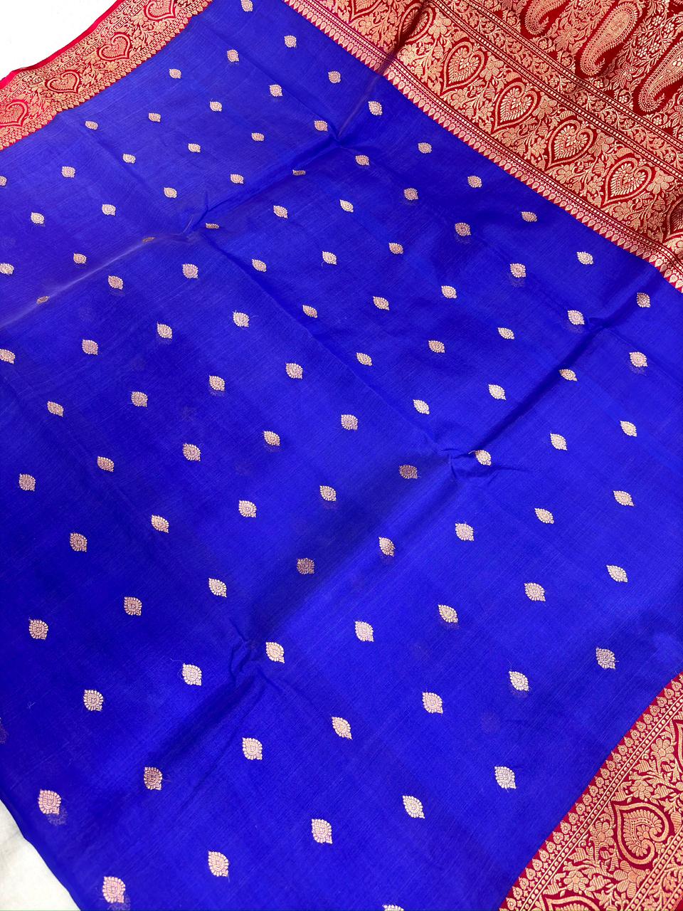 Royal Blue Kora Silk Saree with Rich Red Zari Woven Pallu
