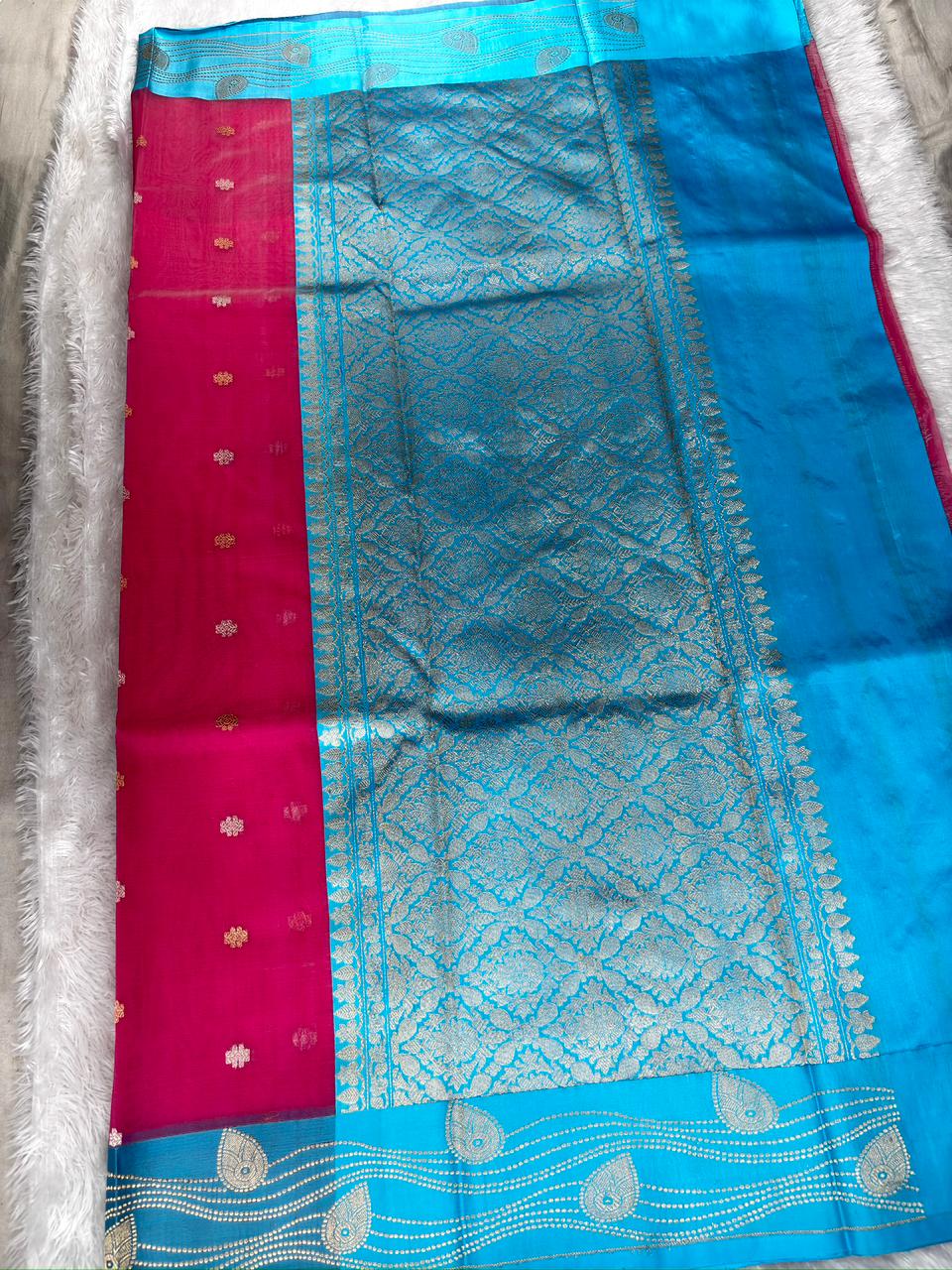 Rani Pink Kora Silk Designer Saree with Aqua Blue Zari Pallu