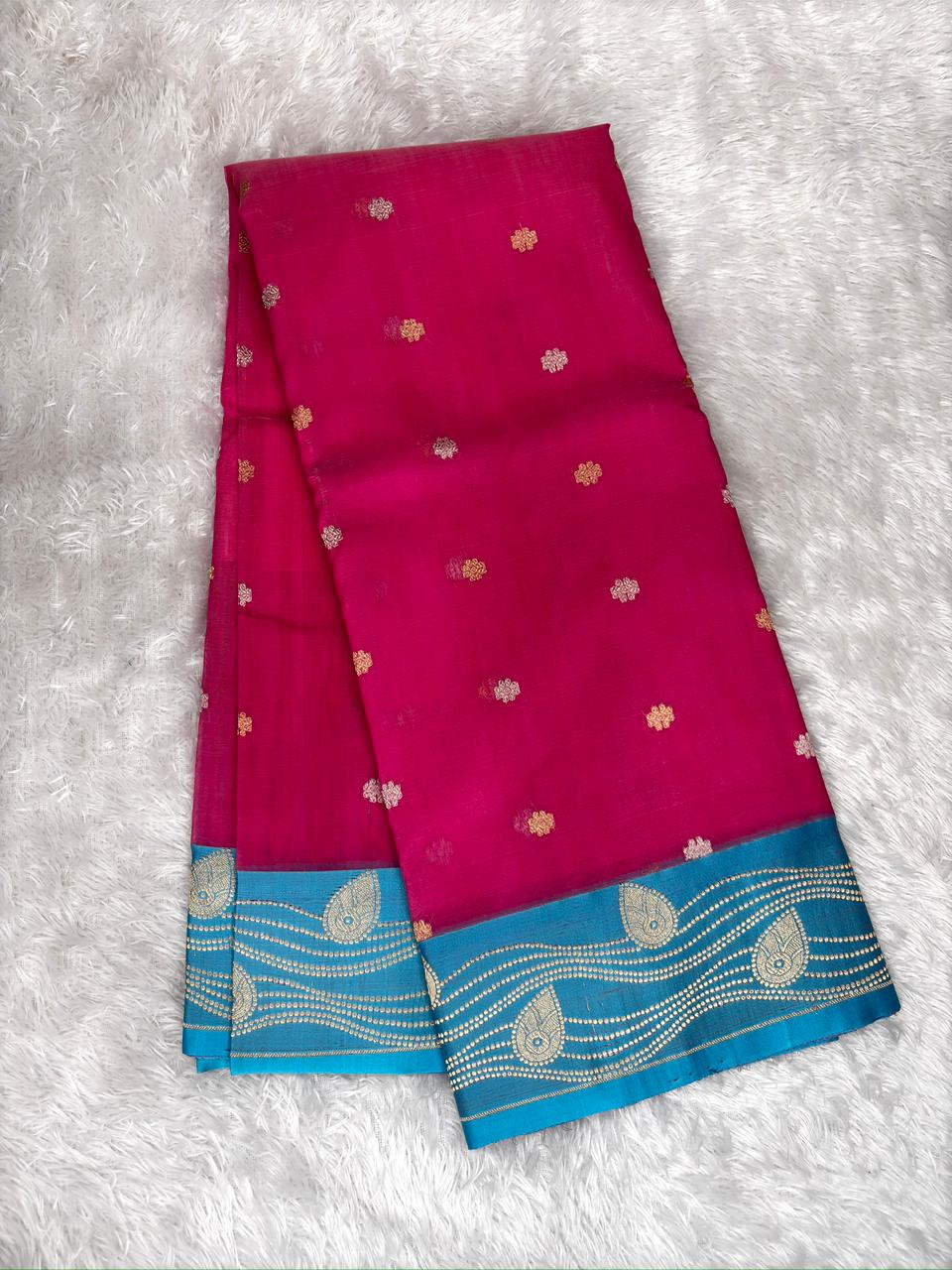 Rani Pink Kora Silk Designer Saree with Aqua Blue Zari Pallu
