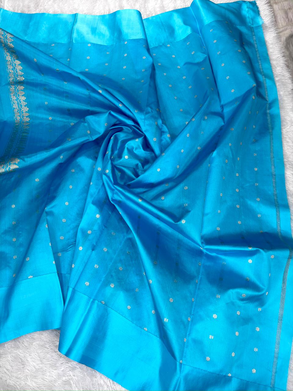 Rani Pink Kora Silk Designer Saree with Aqua Blue Zari Pallu
