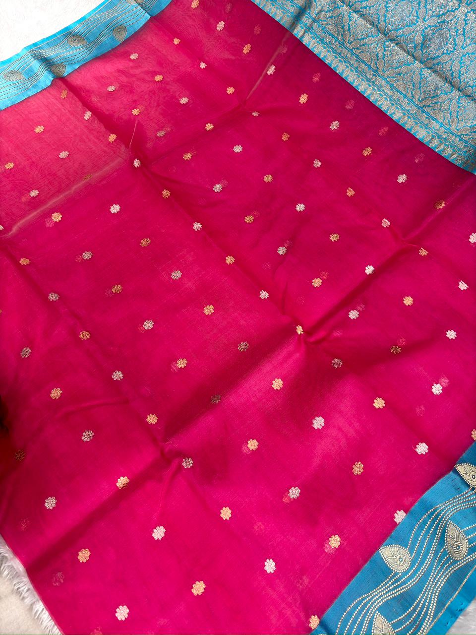 Rani Pink Kora Silk Designer Saree with Aqua Blue Zari Pallu