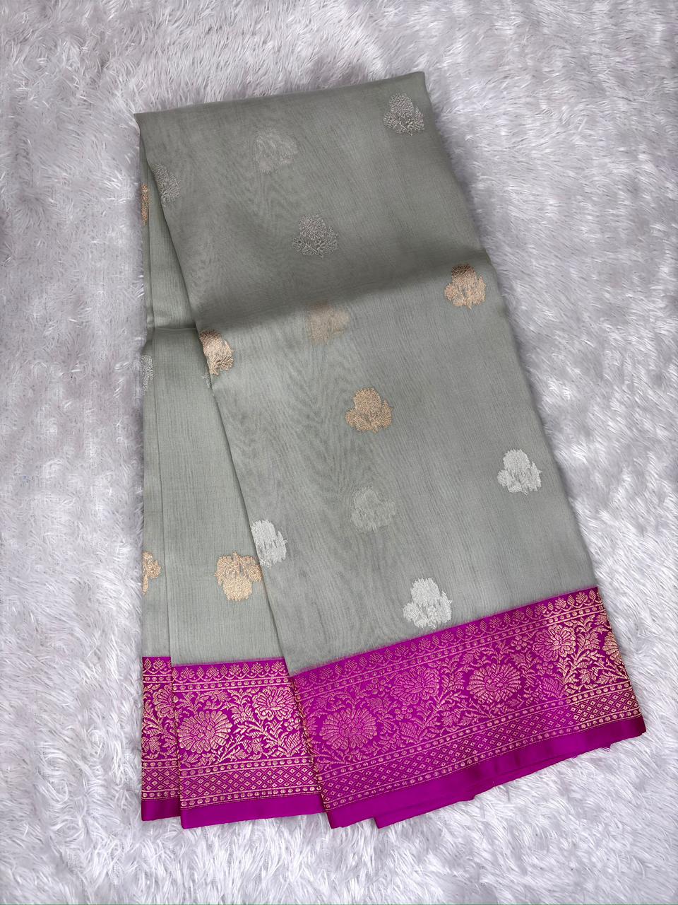 Silver Grey Kora Silk Designer Saree with Rani Pink Zari Pallu