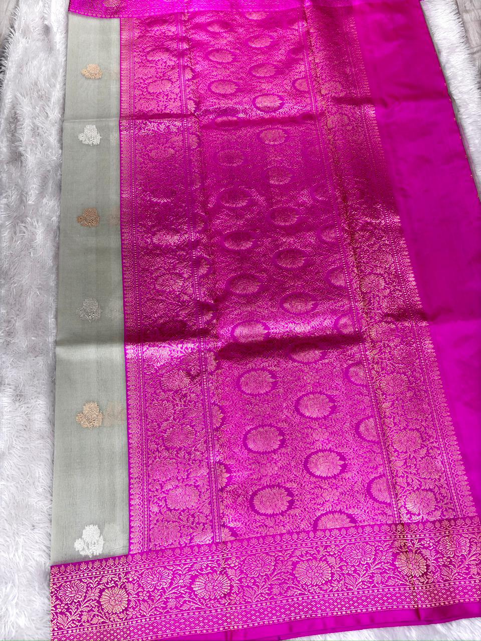 Silver Grey Kora Silk Designer Saree with Rani Pink Zari Pallu