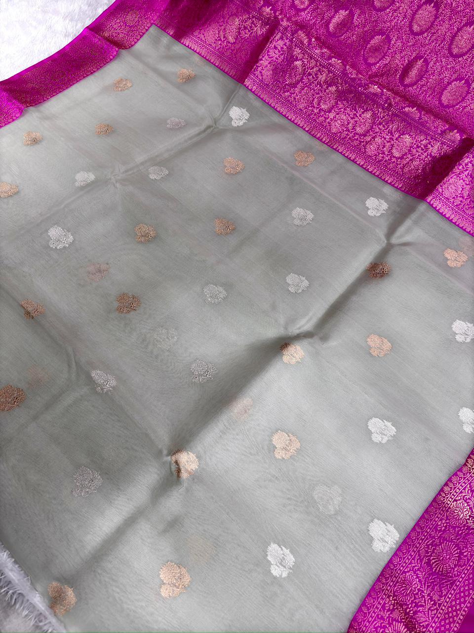 Silver Grey Kora Silk Designer Saree with Rani Pink Zari Pallu