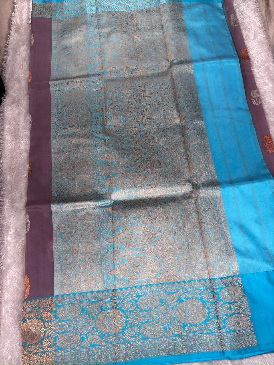 Smoky Mauve Kora Silk Designer Saree with Aqua Blue Zari Pallu