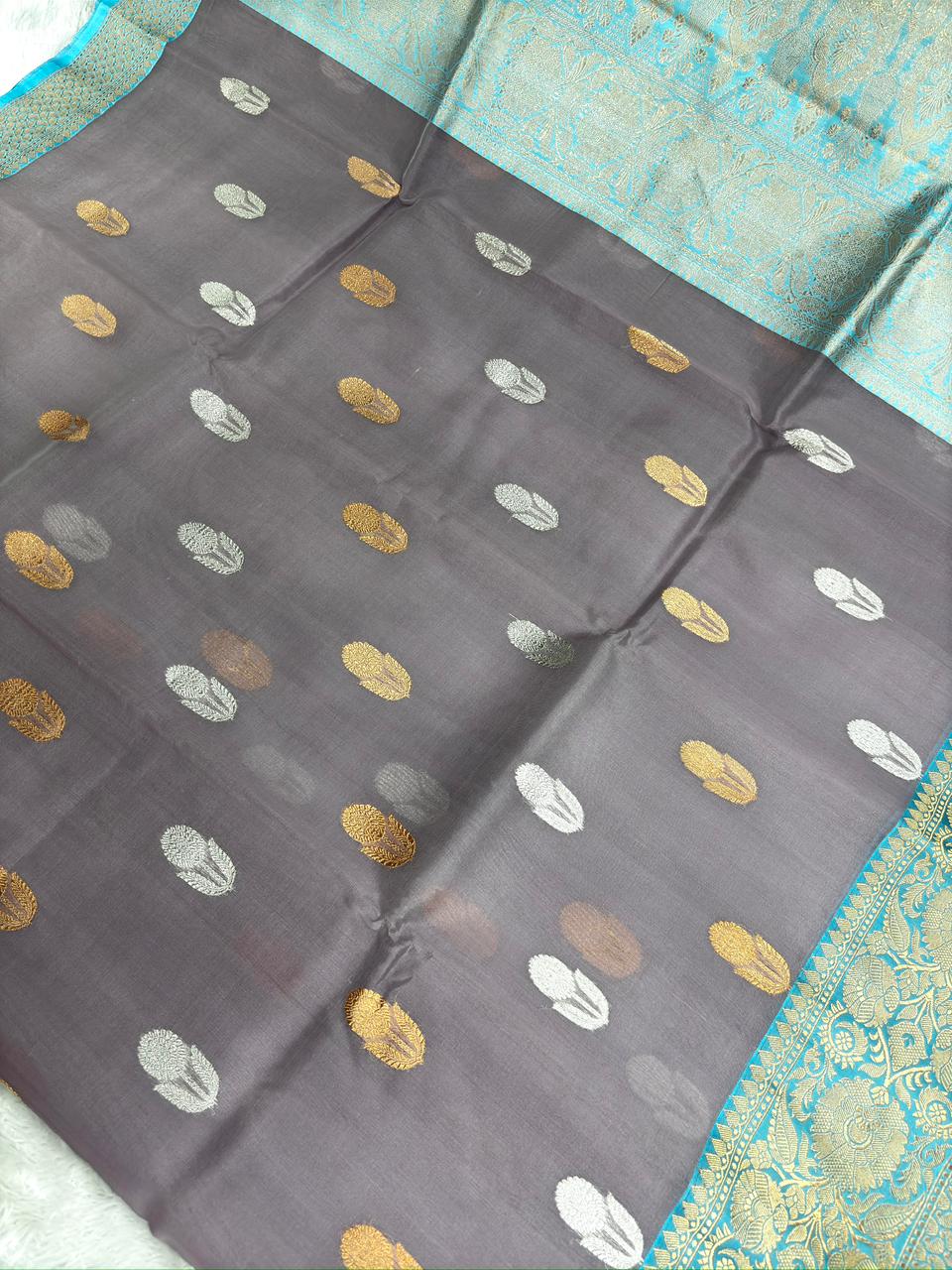 Smoky Mauve Kora Silk Designer Saree with Aqua Blue Zari Pallu
