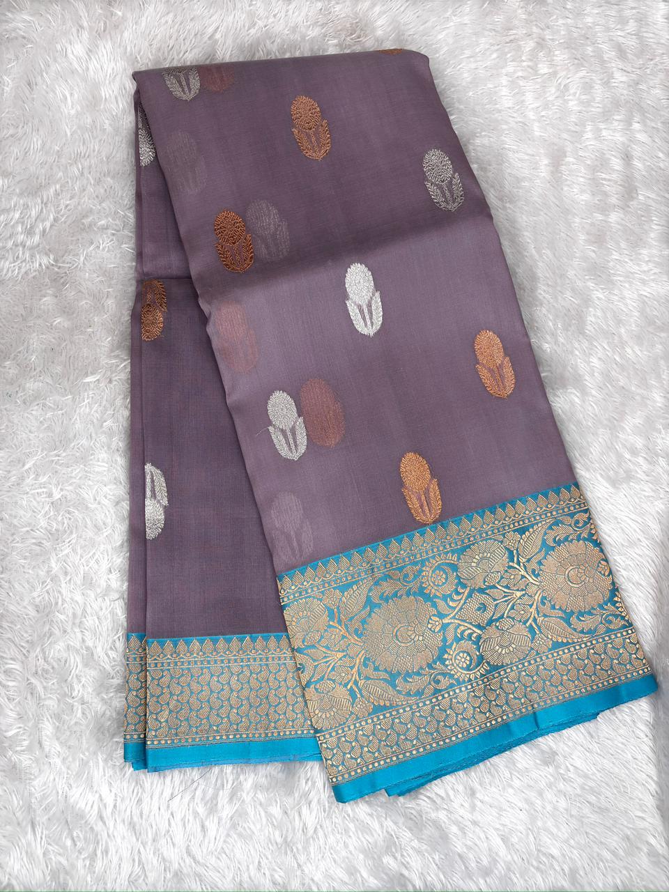 Smoky Mauve Kora Silk Designer Saree with Aqua Blue Zari Pallu
