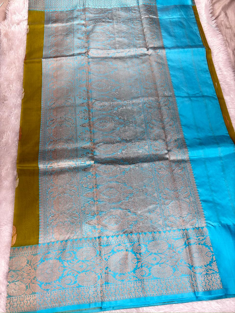 Olive Green Kora Silk Designer Saree with Aqua Blue Zari Pallu