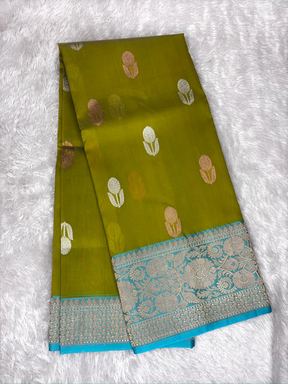 Olive Green Kora Silk Designer Saree with Aqua Blue Zari Pallu