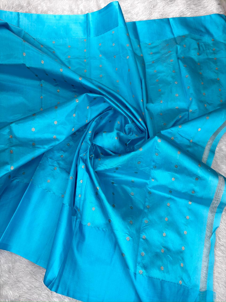 Olive Green Kora Silk Designer Saree with Aqua Blue Zari Pallu